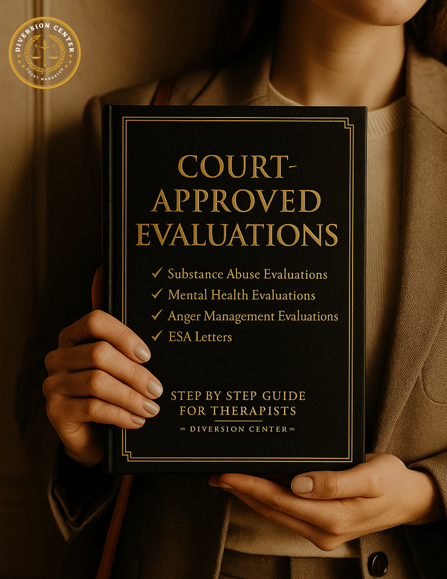 therapists guide to court approved evaluations. woman holding a book with substance abuse evaluations, mental health evaluations, anger management evaluations, ESA letters by the Diversion Center
