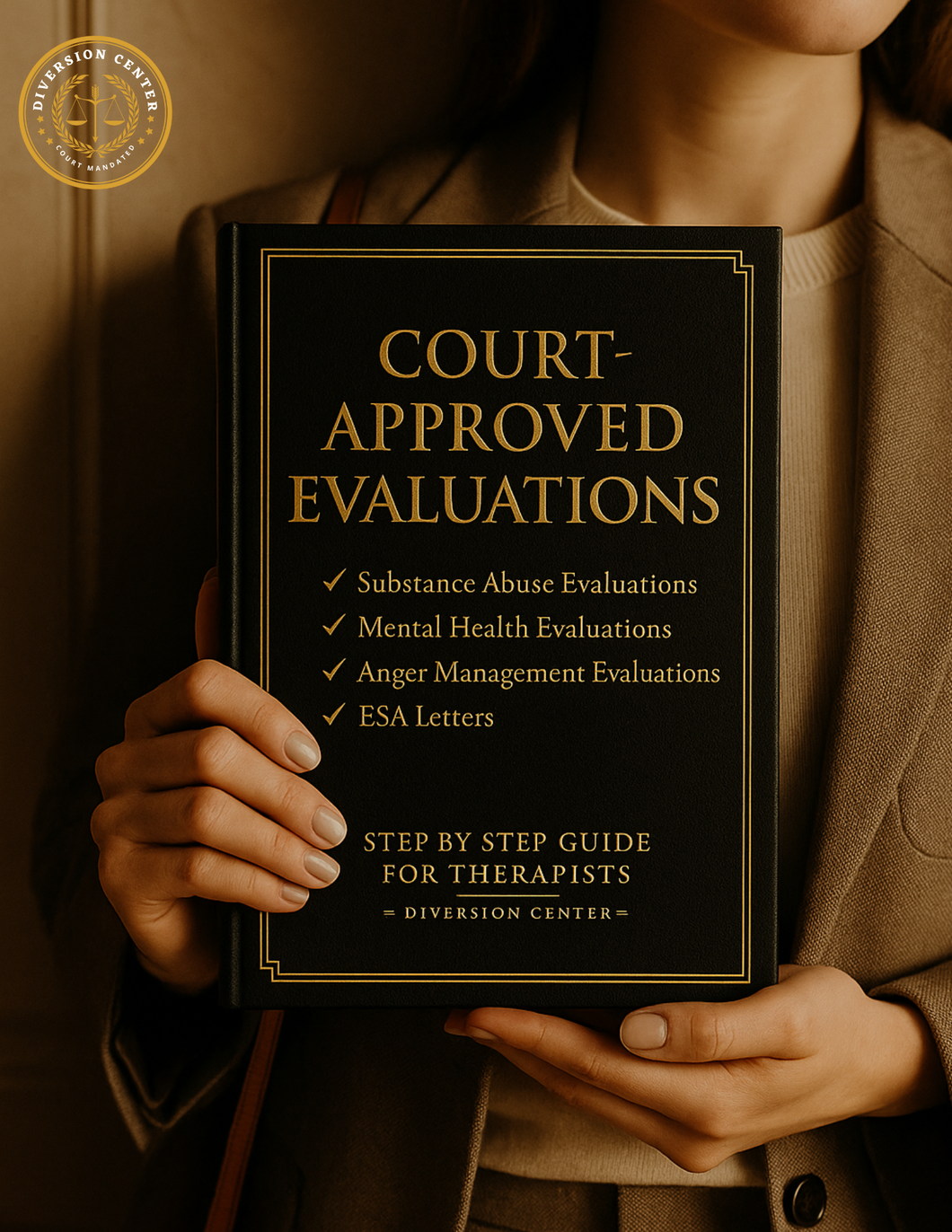 therapists guide to court approved evaluations. woman holding a book with substance abuse evaluations, mental health evaluations, anger management evaluations, ESA letters by the Diversion Center